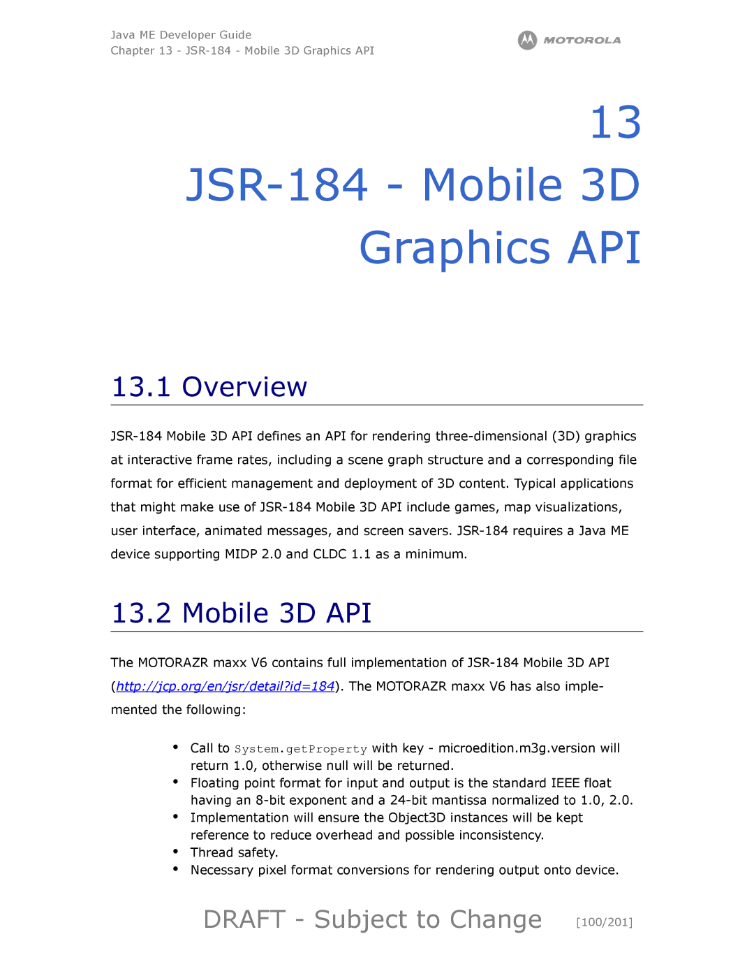 Motorola maxx V6 manual JSR-184 Mobile 3D Graphics API, Mobile 3D API, Draft Subject to Change 100/201 