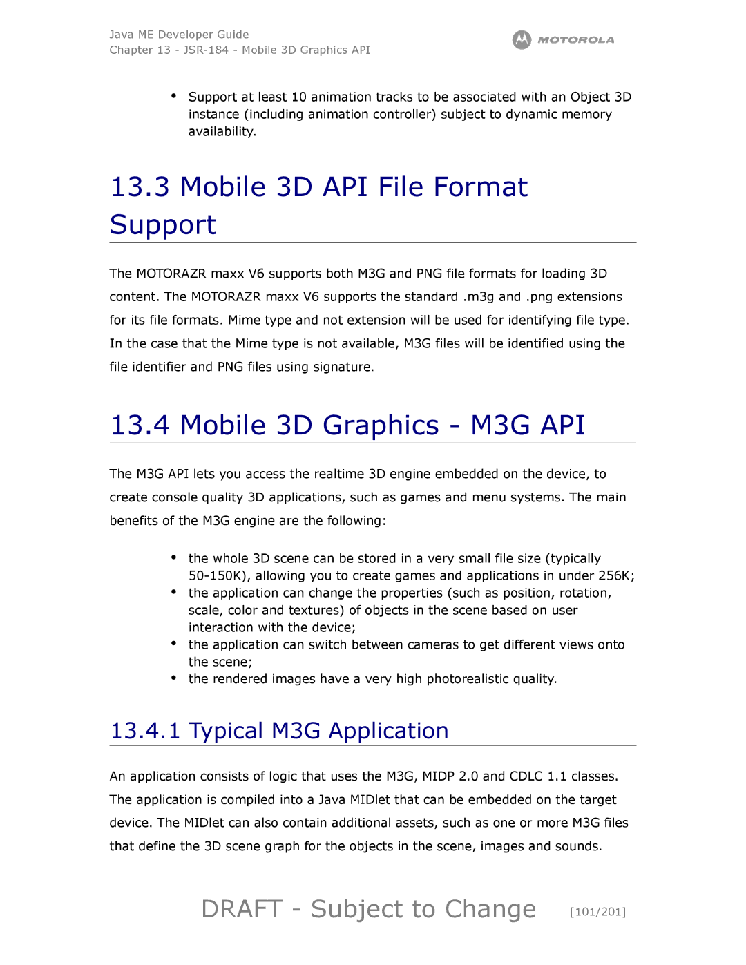 Motorola maxx V6 manual Mobile 3D API File Format Support, Mobile 3D Graphics M3G API, Draft Subject to Change 101/201 