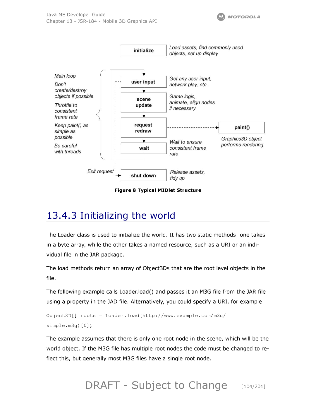 Motorola maxx V6 manual Draft Subject to Change 104/201, Initializing the world 