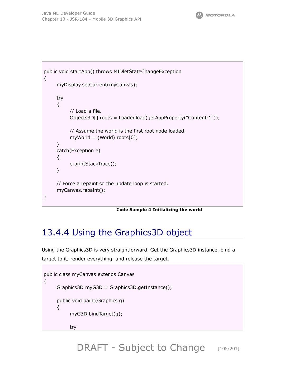 Motorola maxx V6 manual Draft Subject to Change 105/201, Using the Graphics3D object 