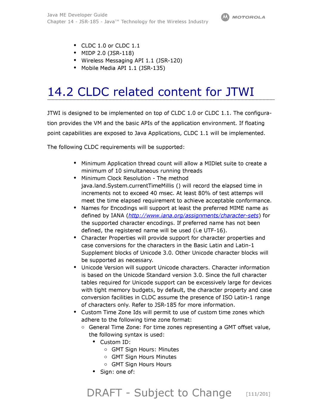 Motorola maxx V6 manual Cldc related content for Jtwi, Draft Subject to Change 111/201 