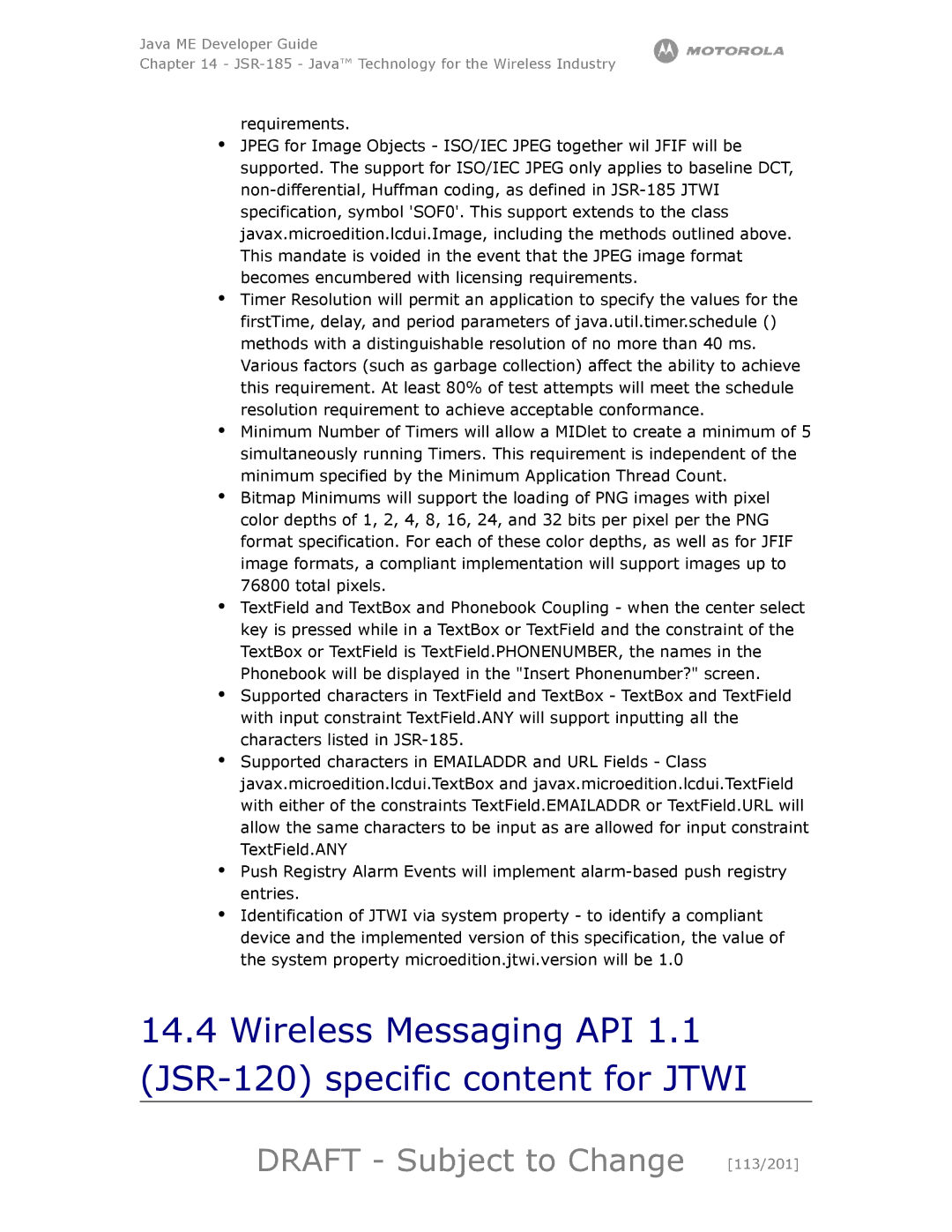 Motorola maxx V6 manual Wireless Messaging API JSR-120 specific content for Jtwi, Draft Subject to Change 113/201 