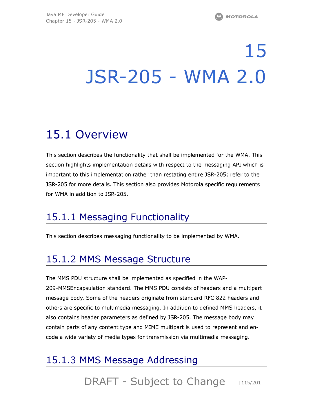 Motorola maxx V6 manual JSR-205 WMA, Draft Subject to Change 115/201, Messaging Functionality, MMS Message Structure 