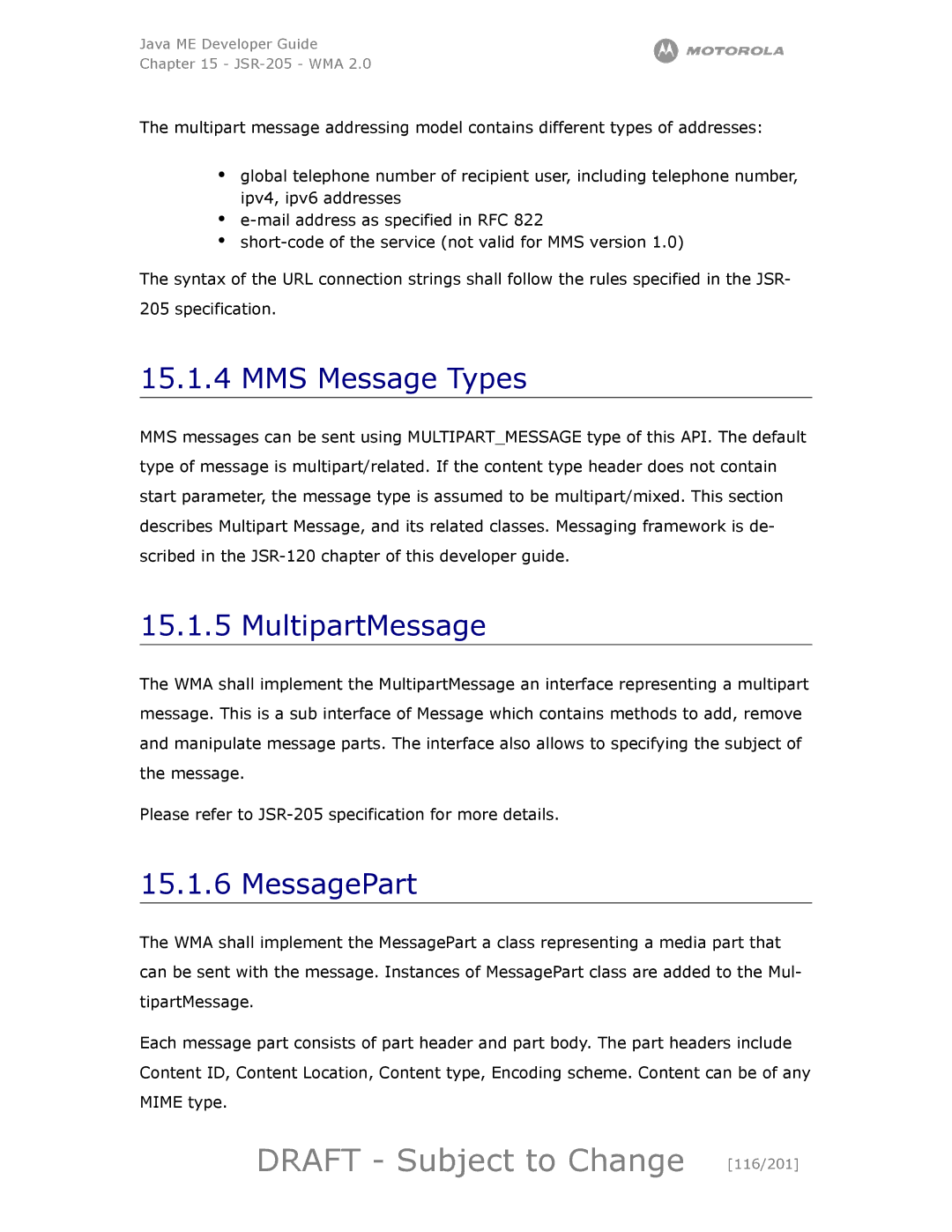 Motorola maxx V6 manual Draft Subject to Change 116/201, MMS Message Types, MultipartMessage, MessagePart 