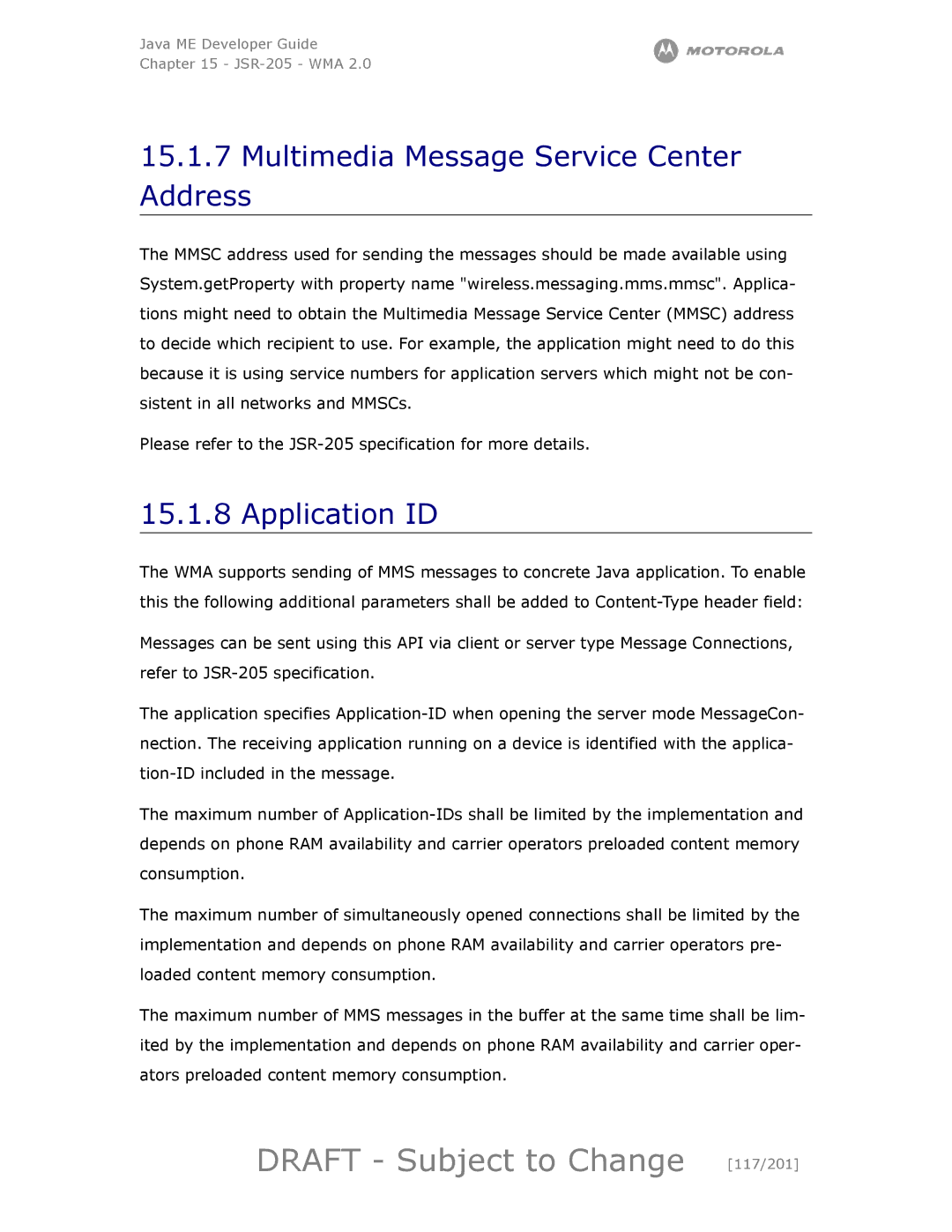 Motorola maxx V6 manual Draft Subject to Change 117/201, Multimedia Message Service Center Address, Application ID 