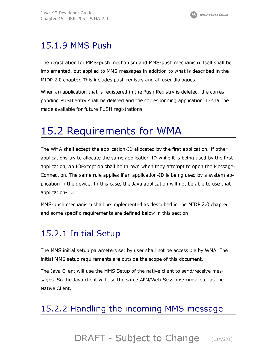 Motorola maxx V6 manual Requirements for WMA, Draft Subject to Change 118/201, MMS Push, Initial Setup 