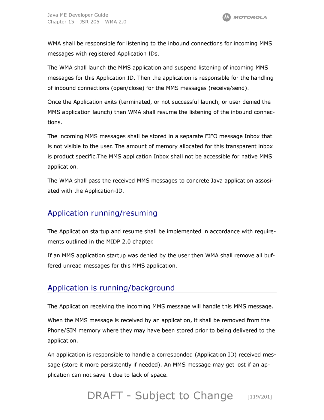 Motorola maxx V6 manual Draft Subject to Change 119/201, Application running/resuming 
