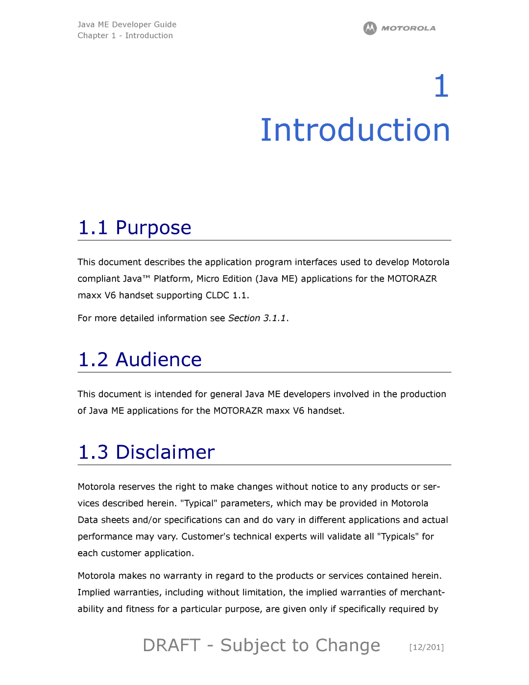 Motorola maxx V6 manual Introduction, Purpose, Audience, Disclaimer, Draft Subject to Change 12/201 