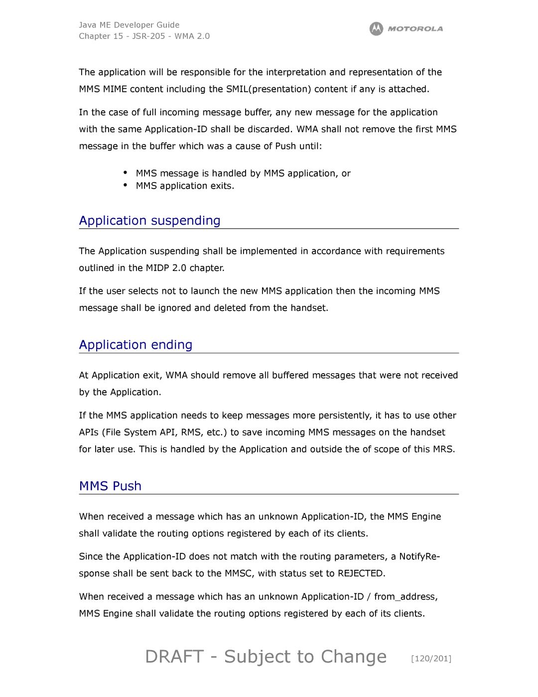 Motorola maxx V6 manual Draft Subject to Change 120/201, Application suspending 