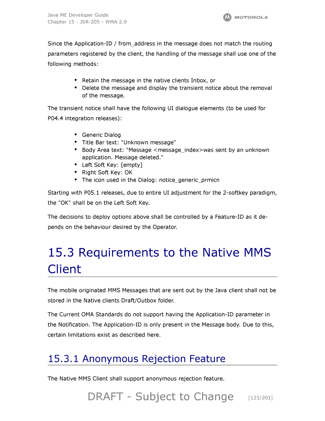 Motorola maxx V6 manual Requirements to the Native MMS Client, Draft Subject to Change 121/201, Anonymous Rejection Feature 