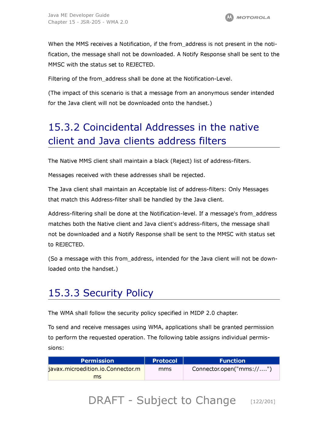 Motorola maxx V6 manual Draft Subject to Change 122/201, Permission Protocol Function 