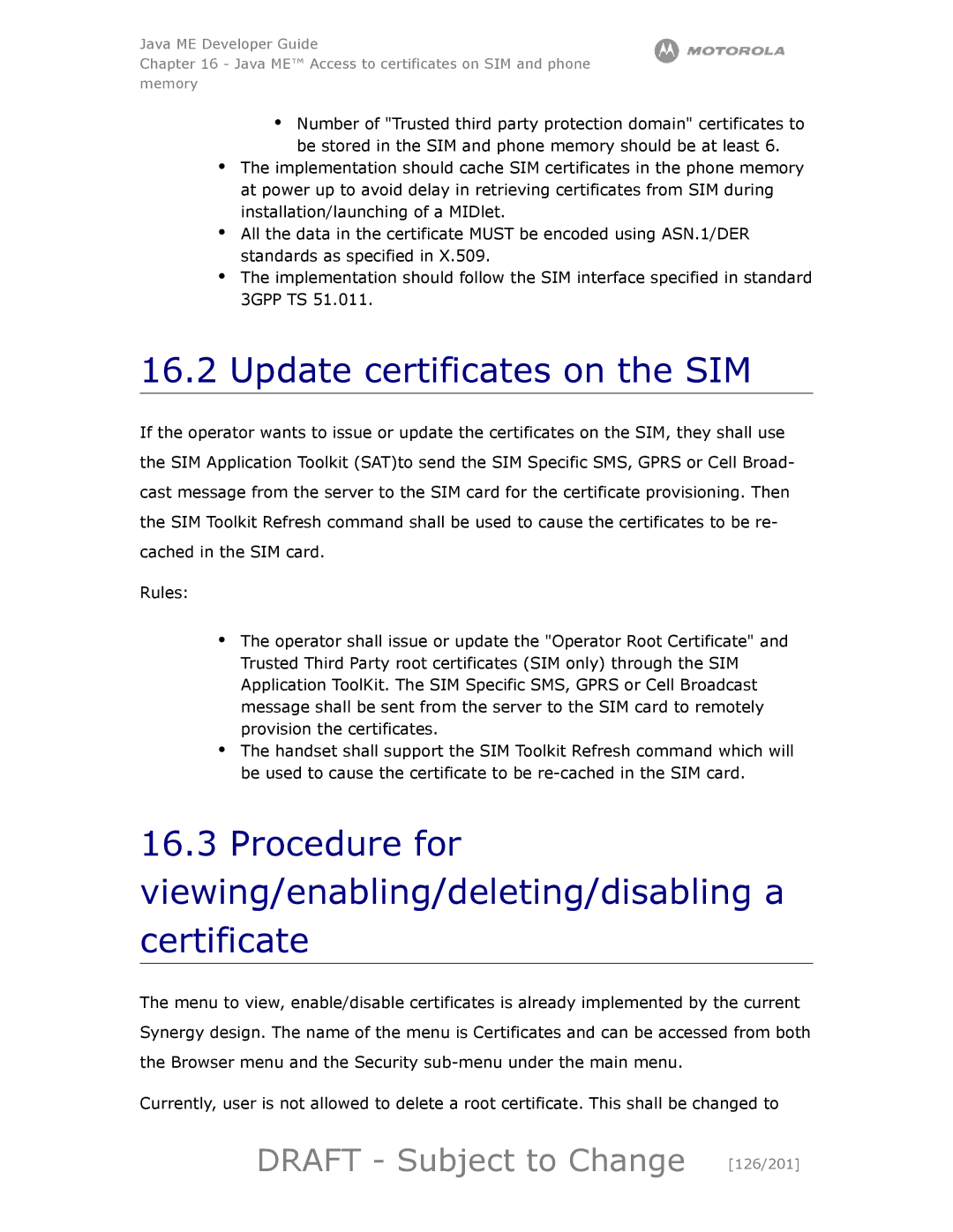 Motorola maxx V6 manual Update certificates on the SIM, Draft Subject to Change 126/201 