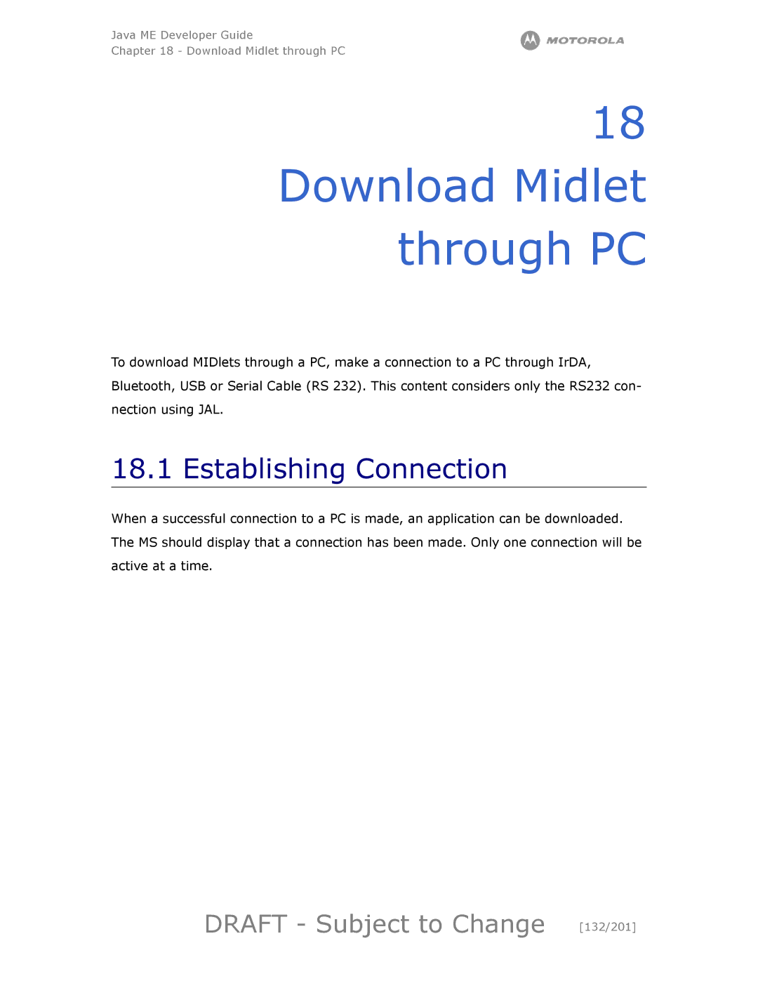 Motorola maxx V6 manual Download Midlet through PC, Establishing Connection, Draft Subject to Change 132/201 