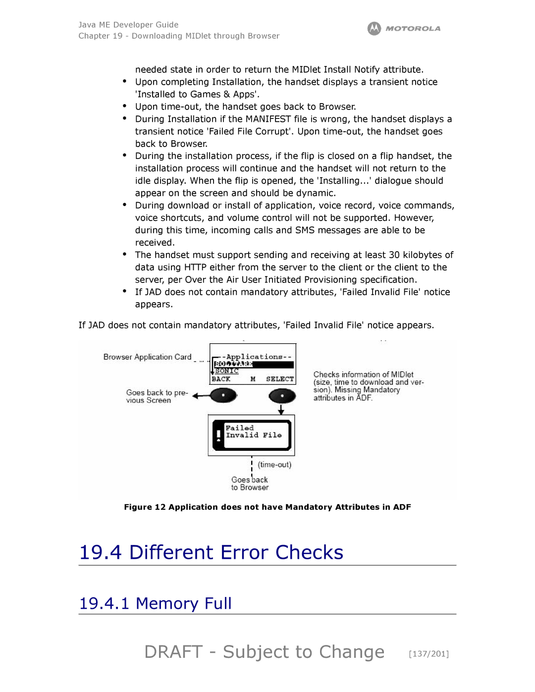 Motorola maxx V6 manual Different Error Checks, Draft Subject to Change 137/201, Memory Full 