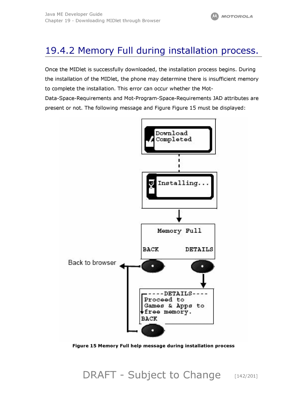 Motorola maxx V6 manual Draft Subject to Change 142/201, Memory Full during installation process 