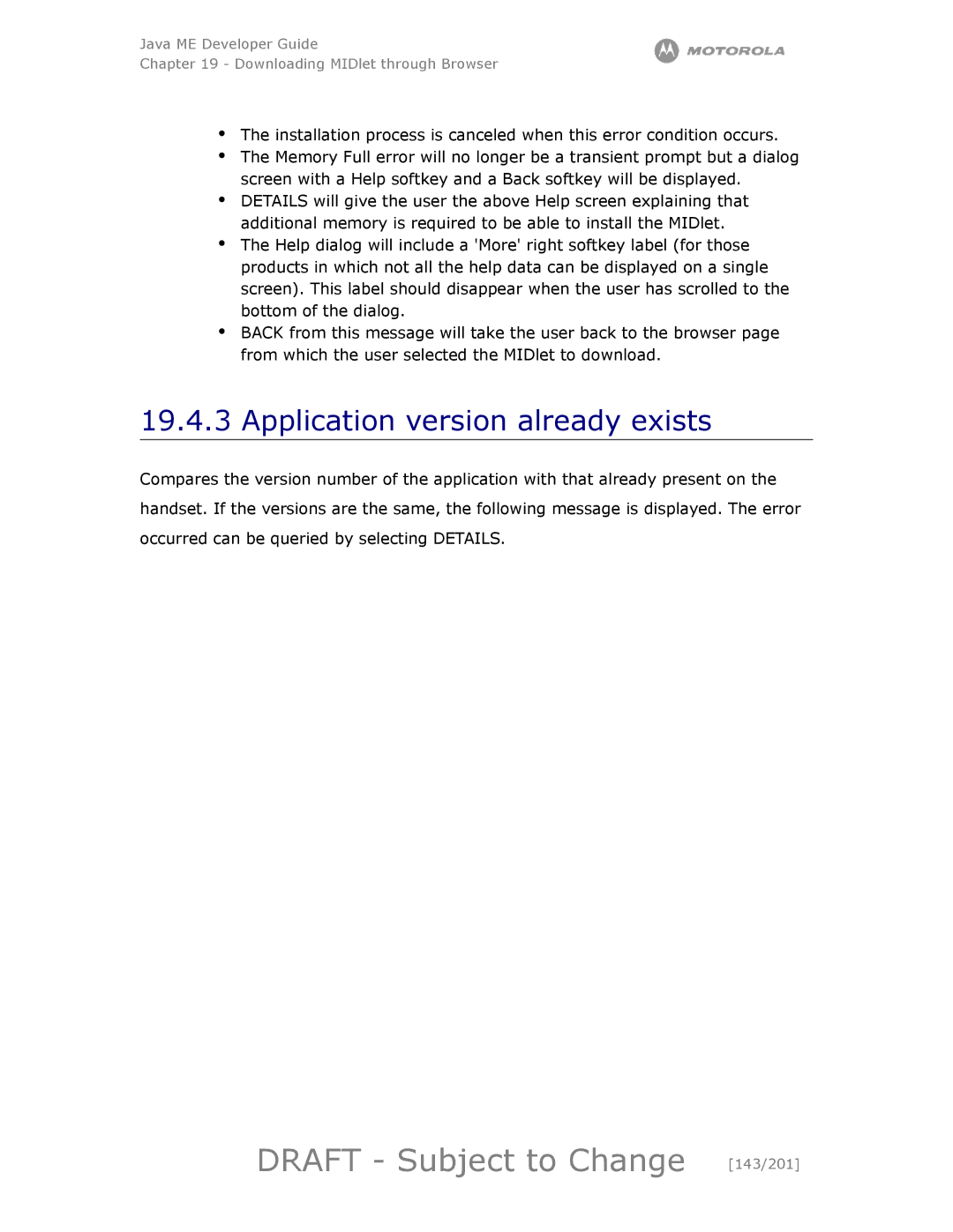 Motorola maxx V6 manual Draft Subject to Change 143/201, Application version already exists 