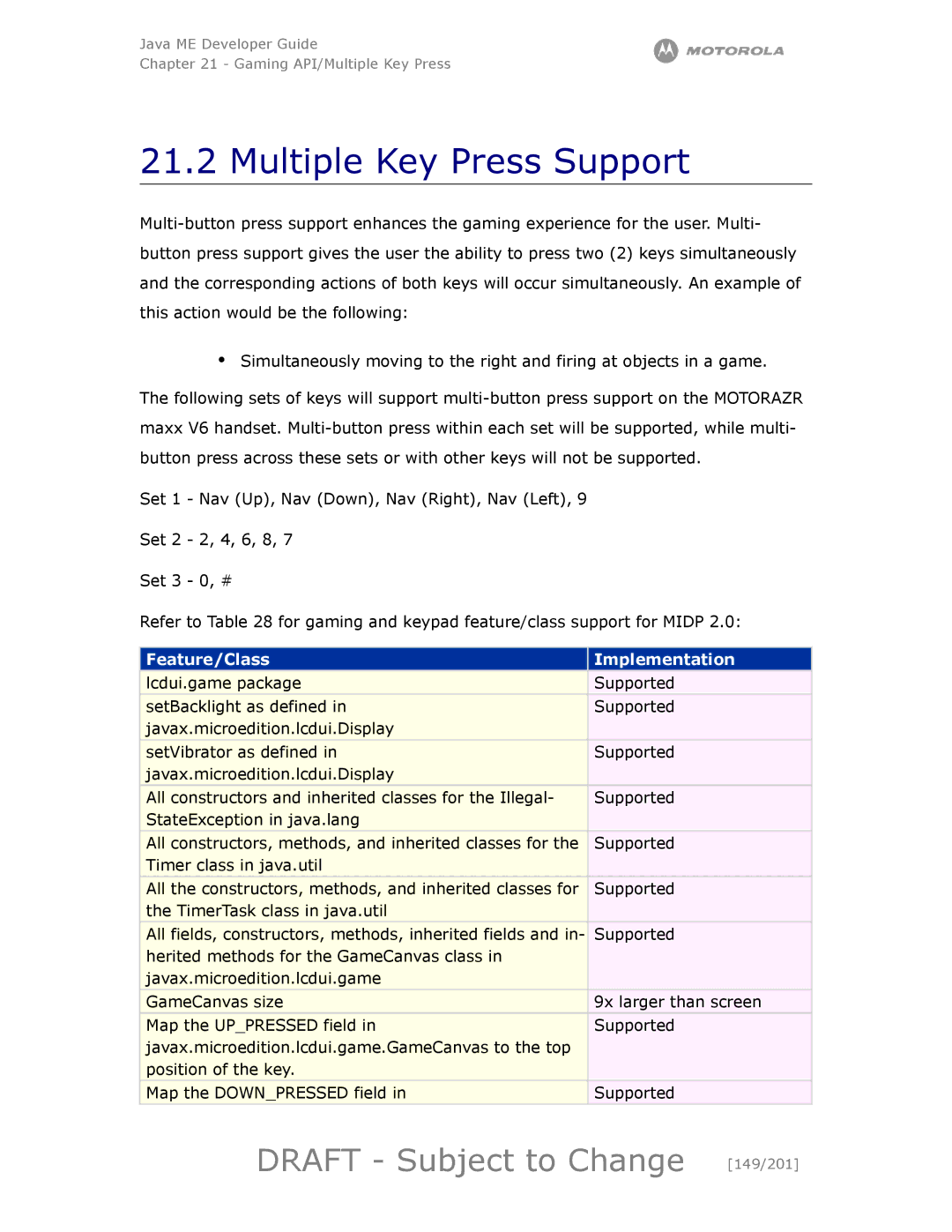 Motorola maxx V6 manual Multiple Key Press Support, Draft Subject to Change 149/201 