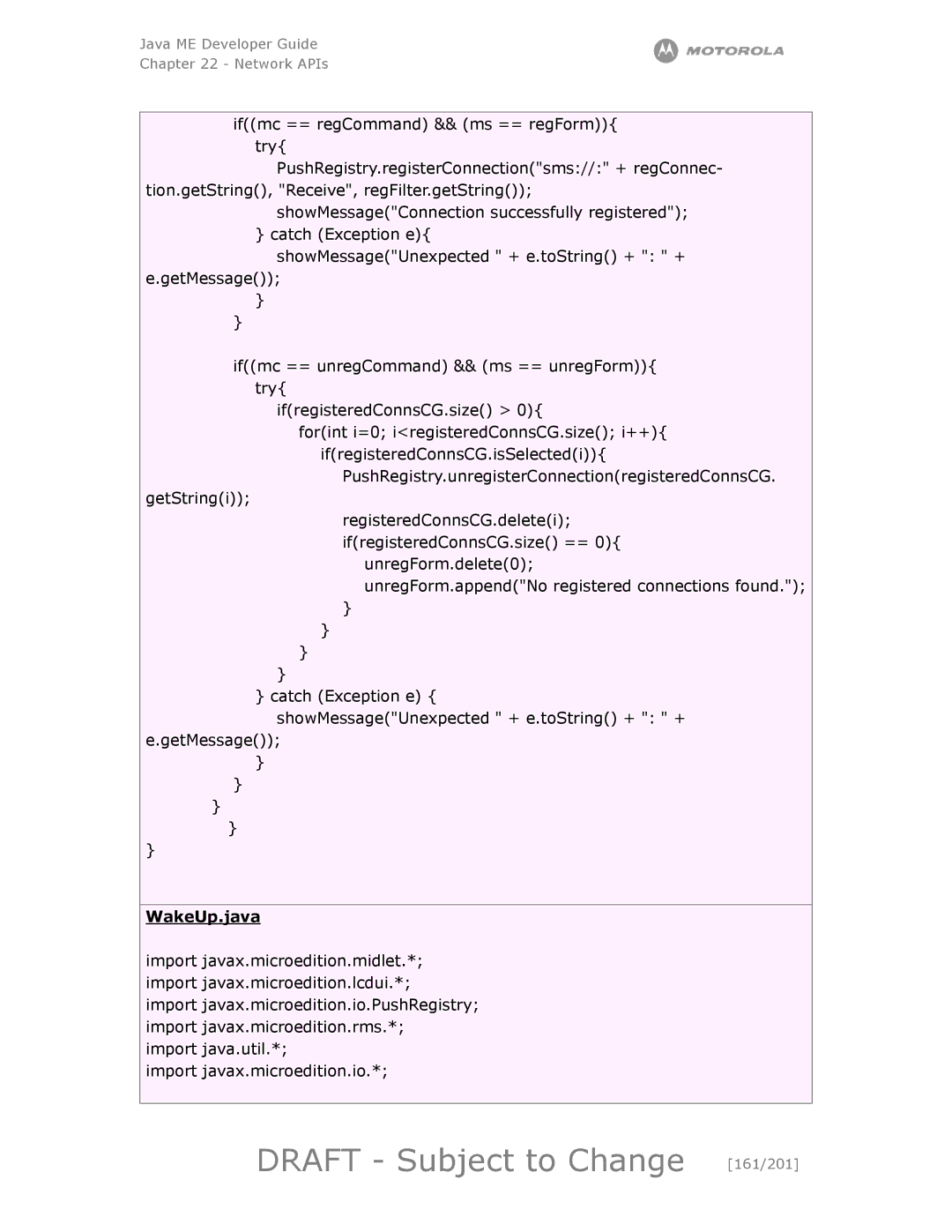 Motorola maxx V6 manual Draft Subject to Change 161/201, WakeUp.java 