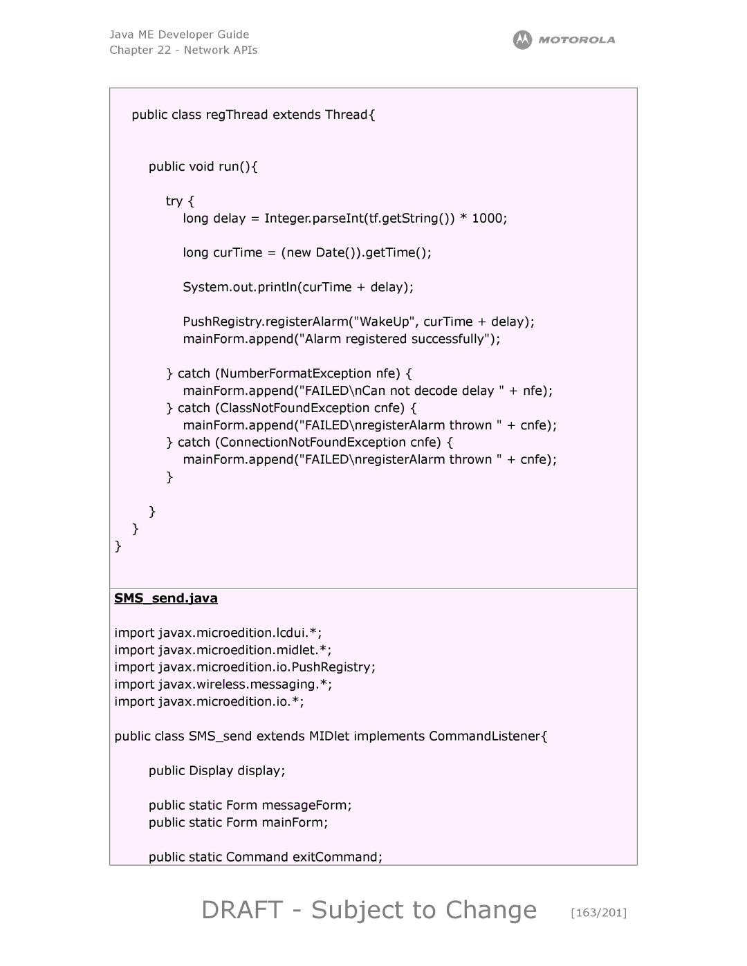 Motorola maxx V6 manual Draft Subject to Change 163/201, SMSsend.java 