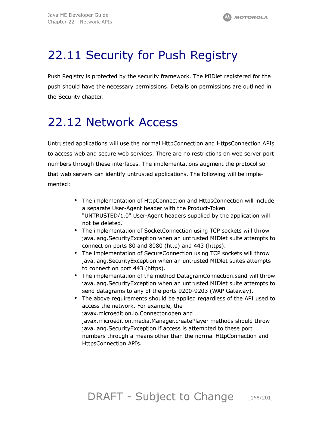 Motorola maxx V6 manual Security for Push Registry, Network Access, Draft Subject to Change 168/201 