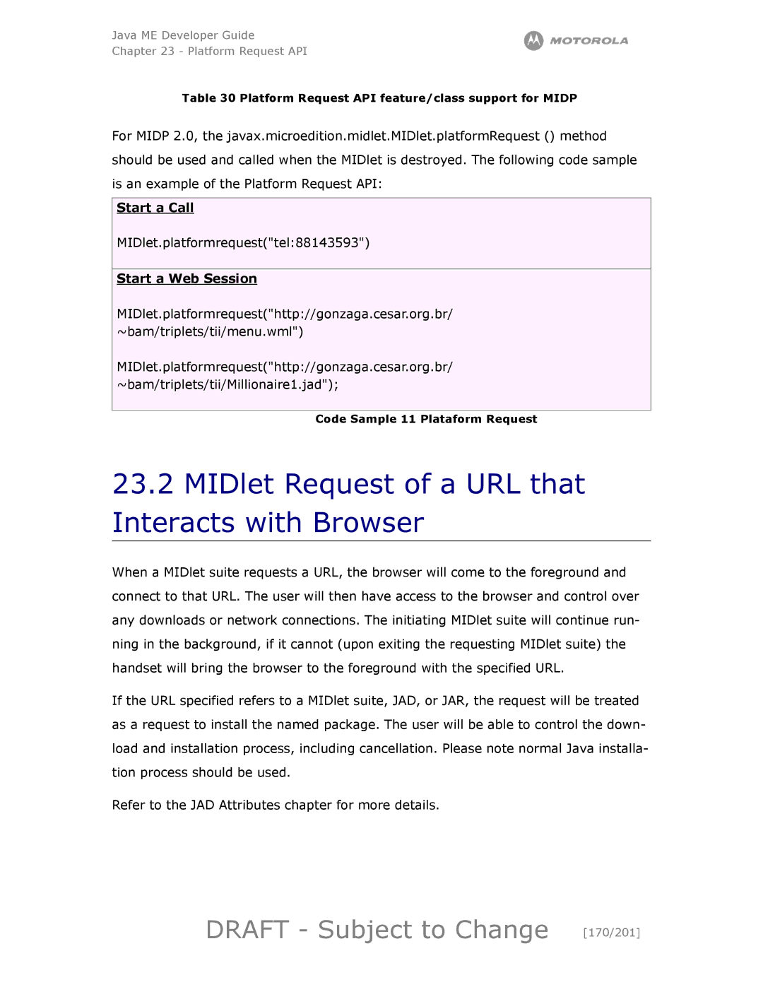 Motorola maxx V6 manual MIDlet Request of a URL that Interacts with Browser, Draft Subject to Change 170/201, Start a Call 