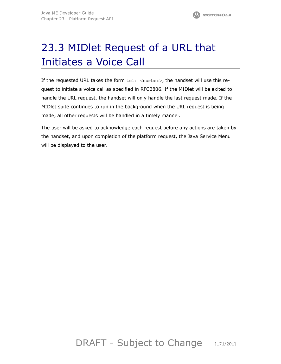 Motorola maxx V6 manual MIDlet Request of a URL that Initiates a Voice Call, Draft Subject to Change 171/201 