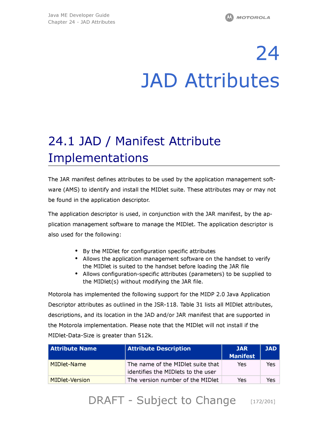 Motorola maxx V6 manual JAD Attributes, JAD / Manifest Attribute Implementations, Draft Subject to Change 172/201 