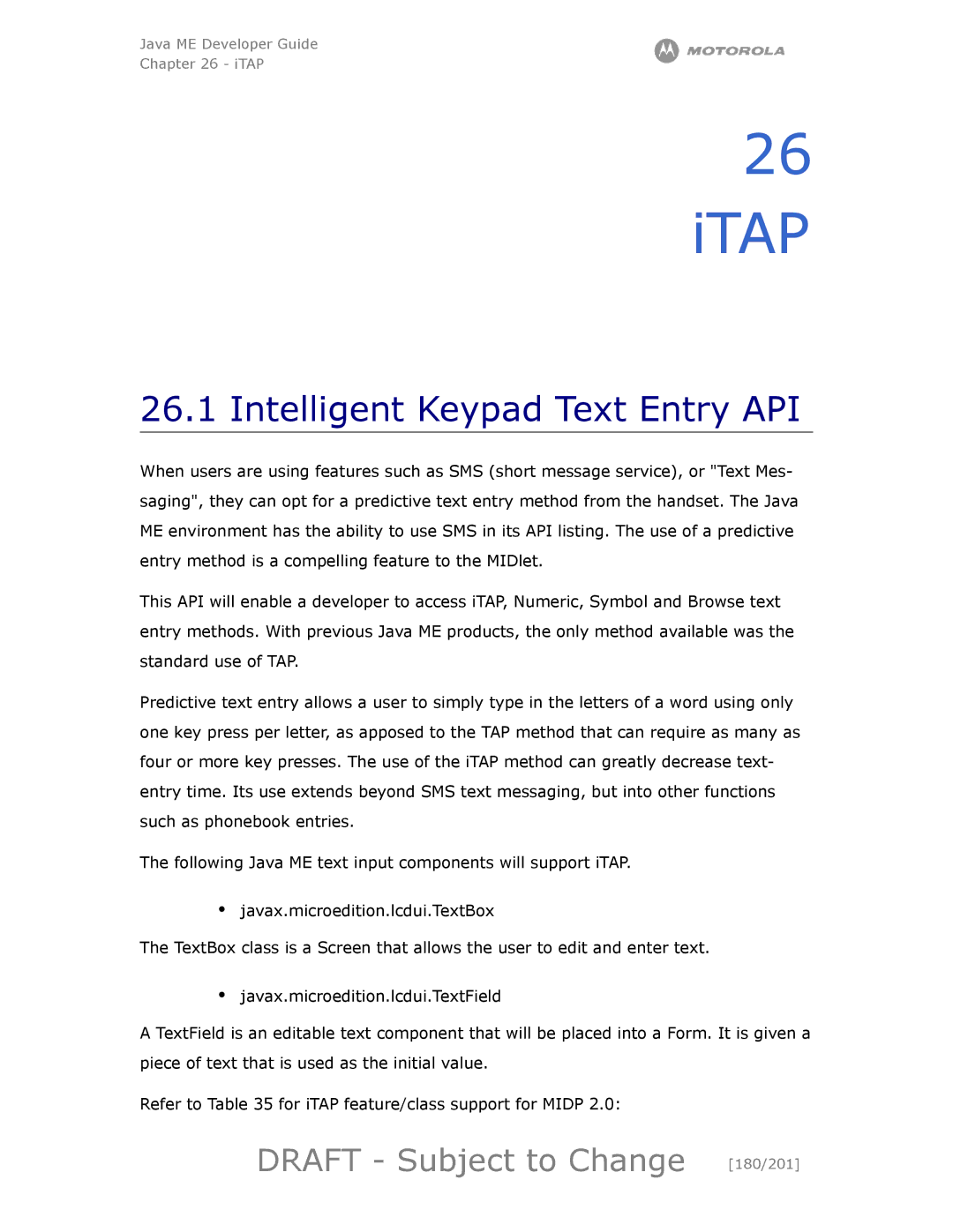 Motorola maxx V6 manual Itap, Intelligent Keypad Text Entry API, Draft Subject to Change 180/201 