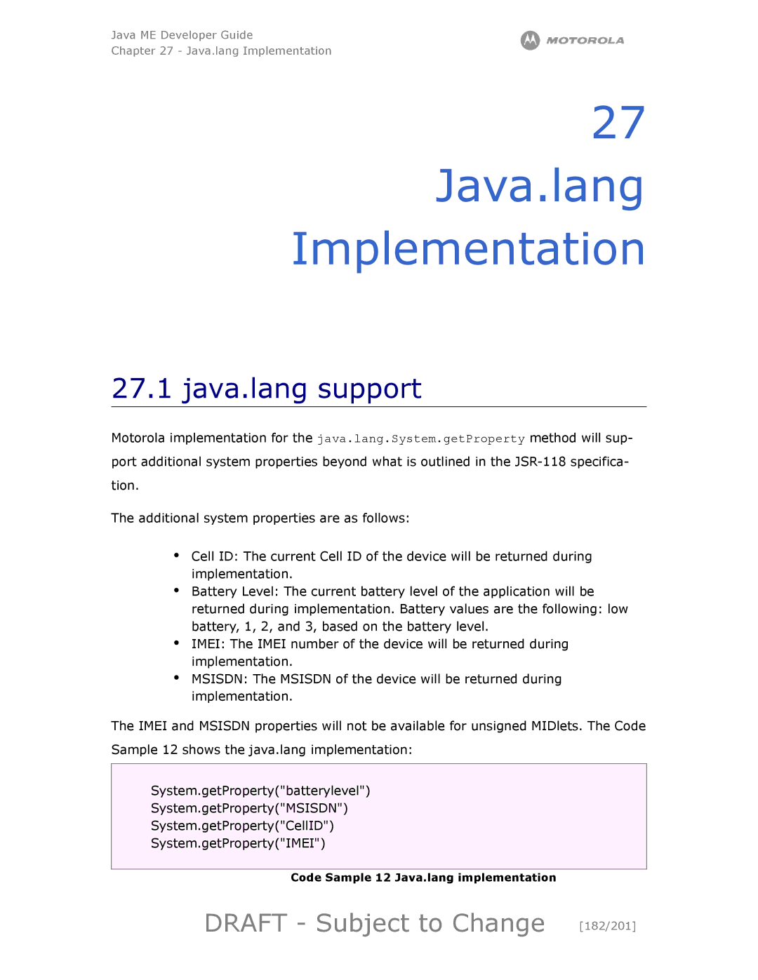 Motorola maxx V6 manual Java.lang Implementation, Java.lang support, Draft Subject to Change 182/201 