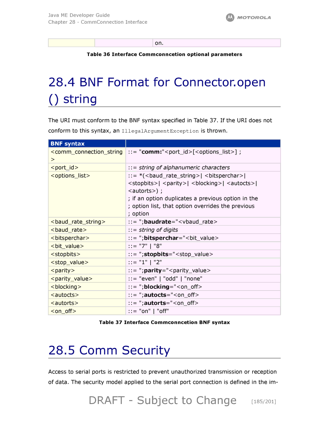 Motorola maxx V6 manual BNF Format for Connector.open string, Comm Security, Draft Subject to Change 185/201 