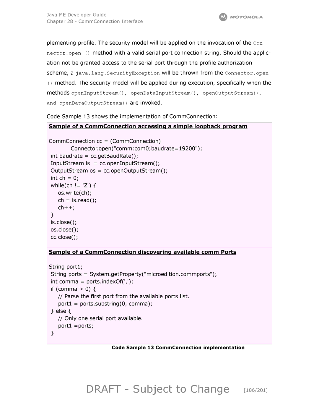 Motorola maxx V6 manual Draft Subject to Change 186/201, Sample of a CommConnection discovering available comm Ports 