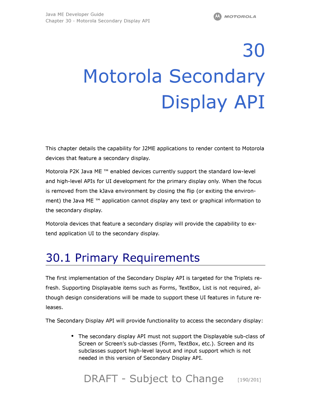 Motorola maxx V6 manual Motorola Secondary Display API, Primary Requirements, Draft Subject to Change 190/201 