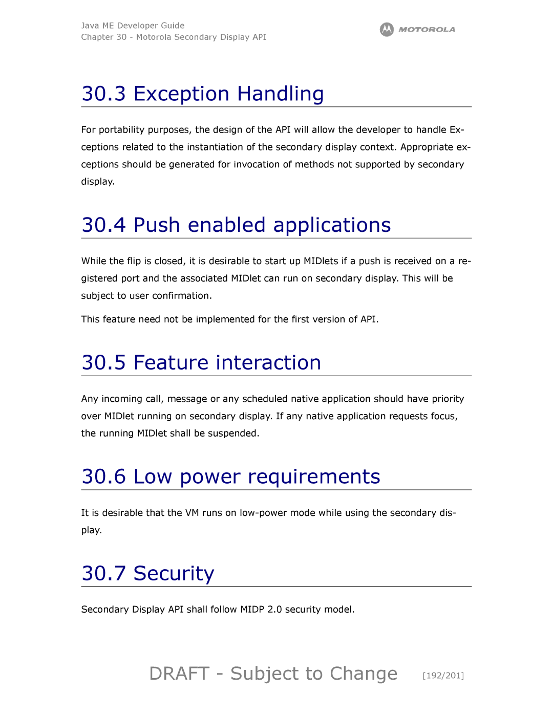 Motorola maxx V6 manual Exception Handling, Push enabled applications, Feature interaction, Low power requirements 