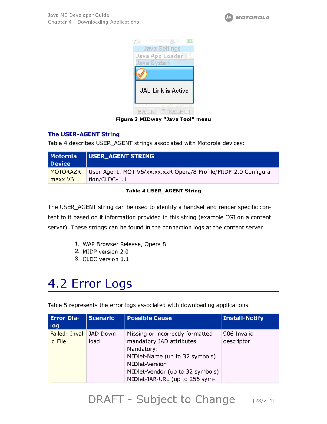 Motorola maxx V6 manual Error Logs, Draft Subject to Change 28/201, Motorola, Device 