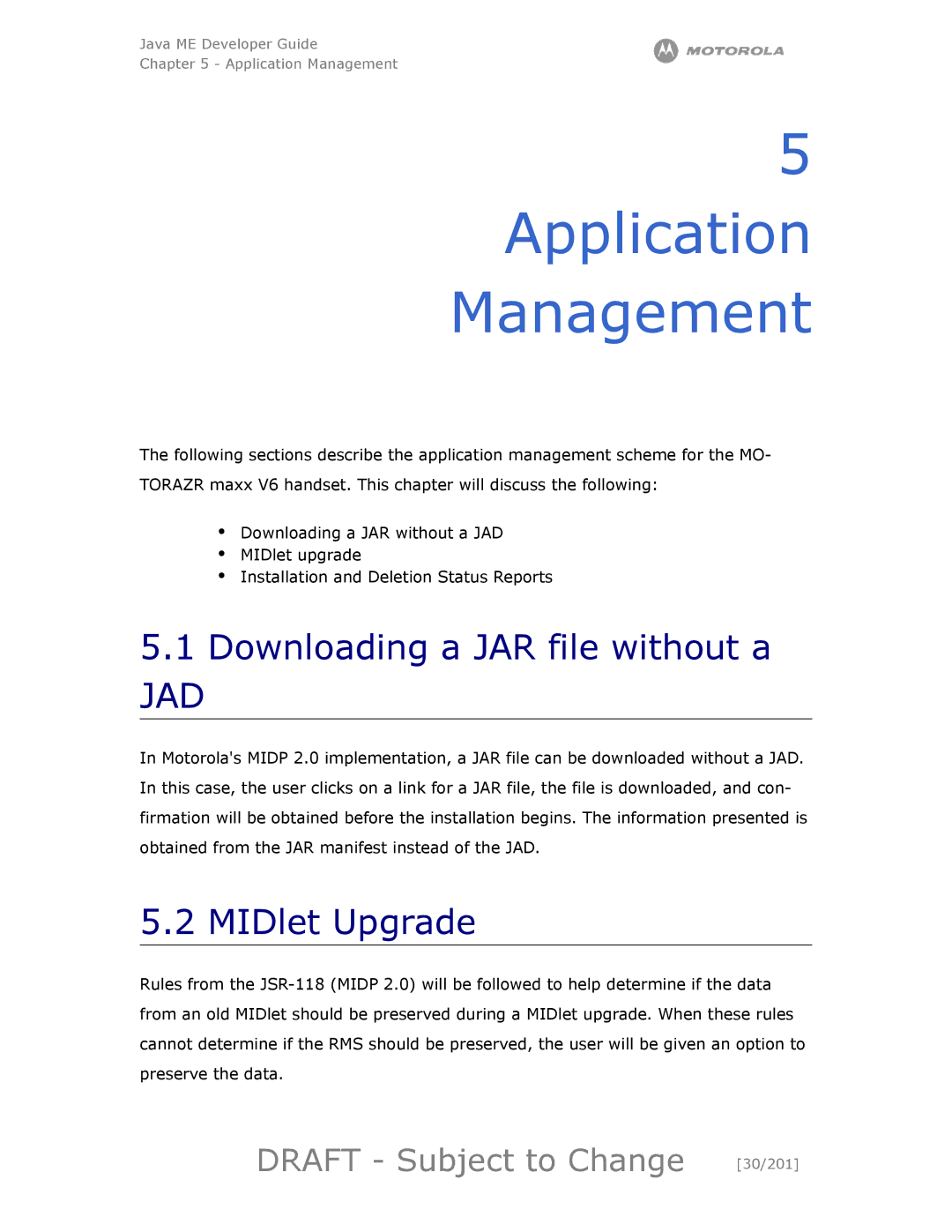 Motorola maxx V6 Application Management, Downloading a JAR file without a, MIDlet Upgrade, Draft Subject to Change 30/201 