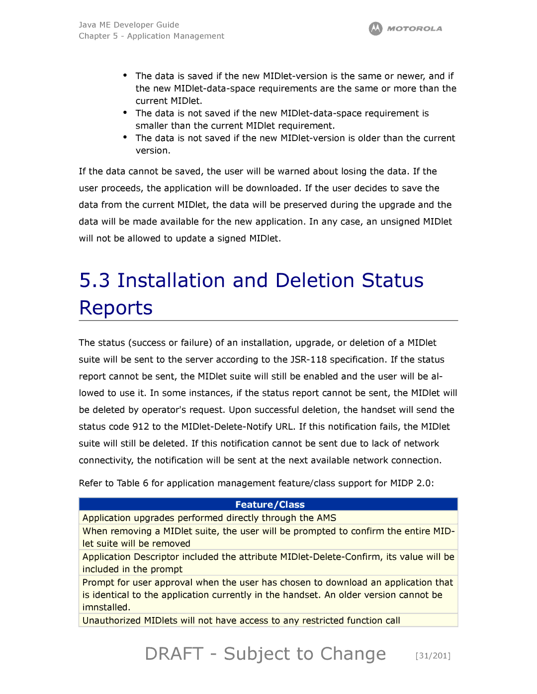 Motorola maxx V6 manual Installation and Deletion Status Reports, Draft Subject to Change 31/201, Feature/Class 