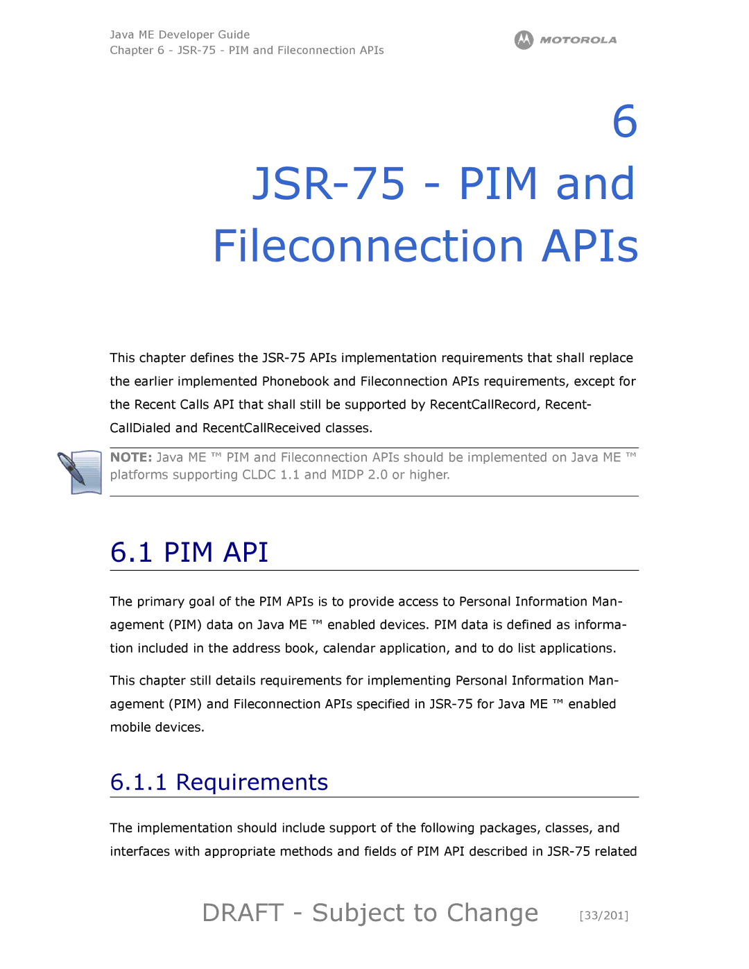 Motorola maxx V6 manual JSR-75 PIM and Fileconnection APIs, Draft Subject to Change 33/201, Requirements 