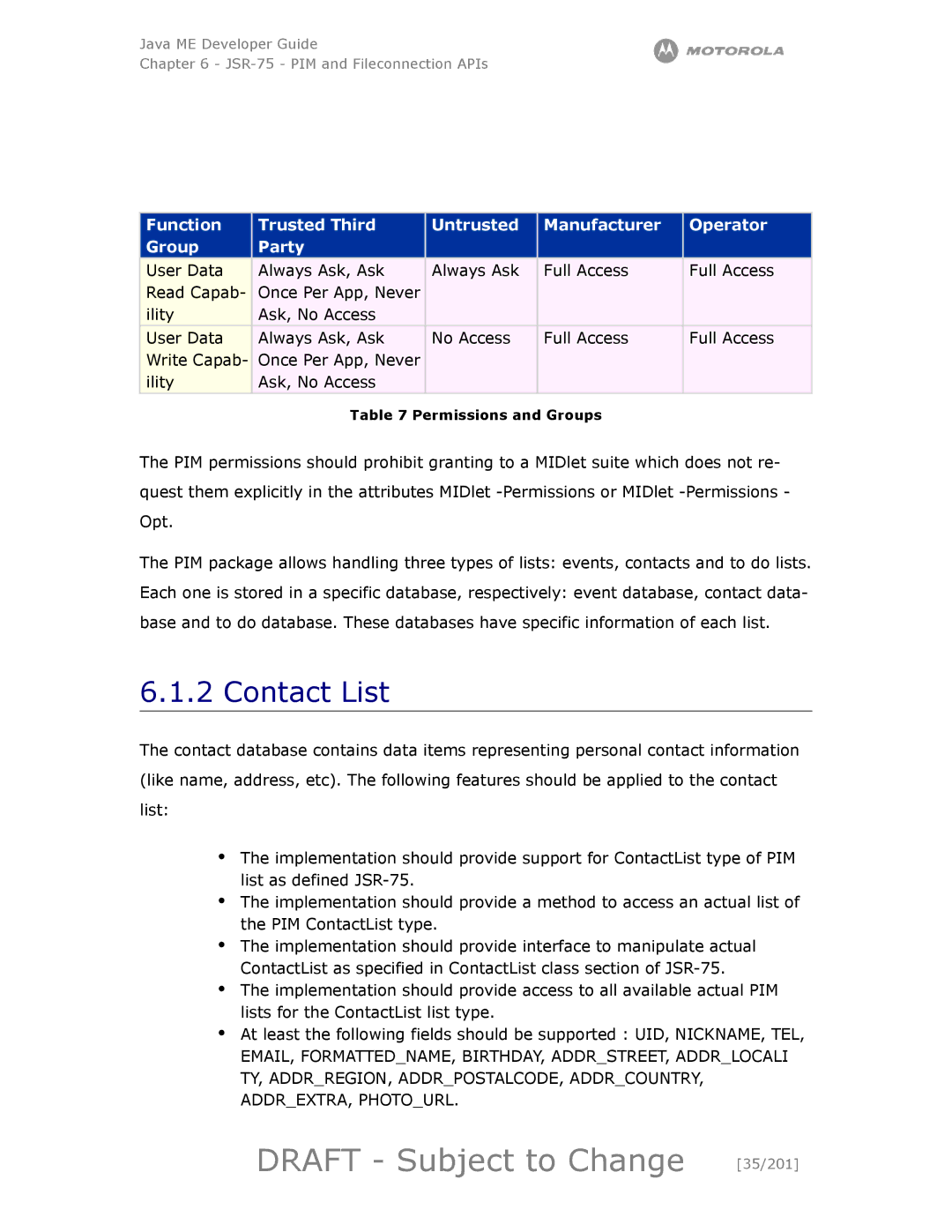 Motorola maxx V6 manual Draft Subject to Change 35/201, Contact List 