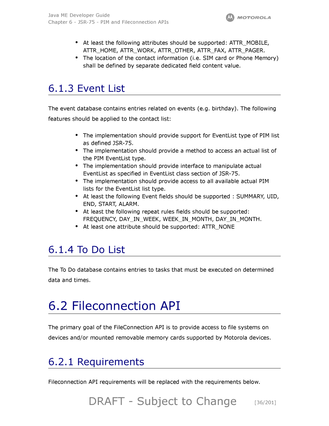 Motorola maxx V6 manual Fileconnection API, Draft Subject to Change 36/201, Event List, To Do List, END, START, Alarm 