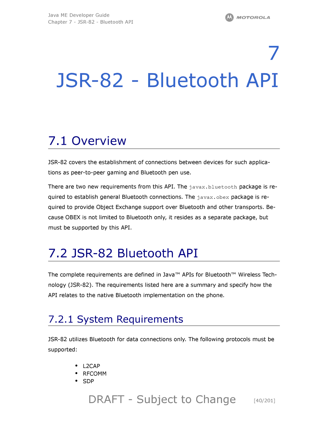 Motorola maxx V6 manual JSR-82 Bluetooth API, Overview, Draft Subject to Change 40/201, System Requirements 