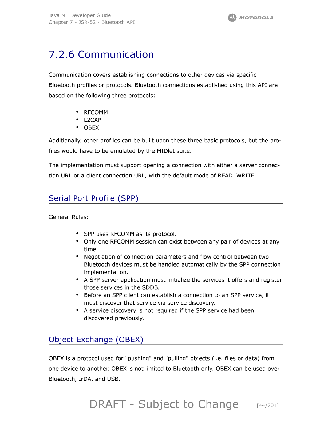 Motorola maxx V6 manual Draft Subject to Change 44/201, Communication, ∙ Rfcomm ∙ L2CAP ∙ Obex 