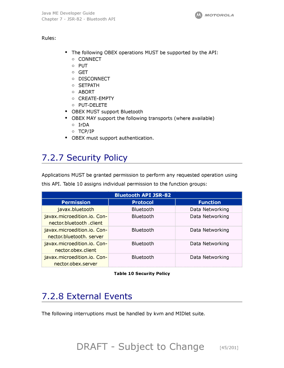 Motorola maxx V6 manual Draft Subject to Change 45/201, Security Policy, External Events, Tcp/Ip 