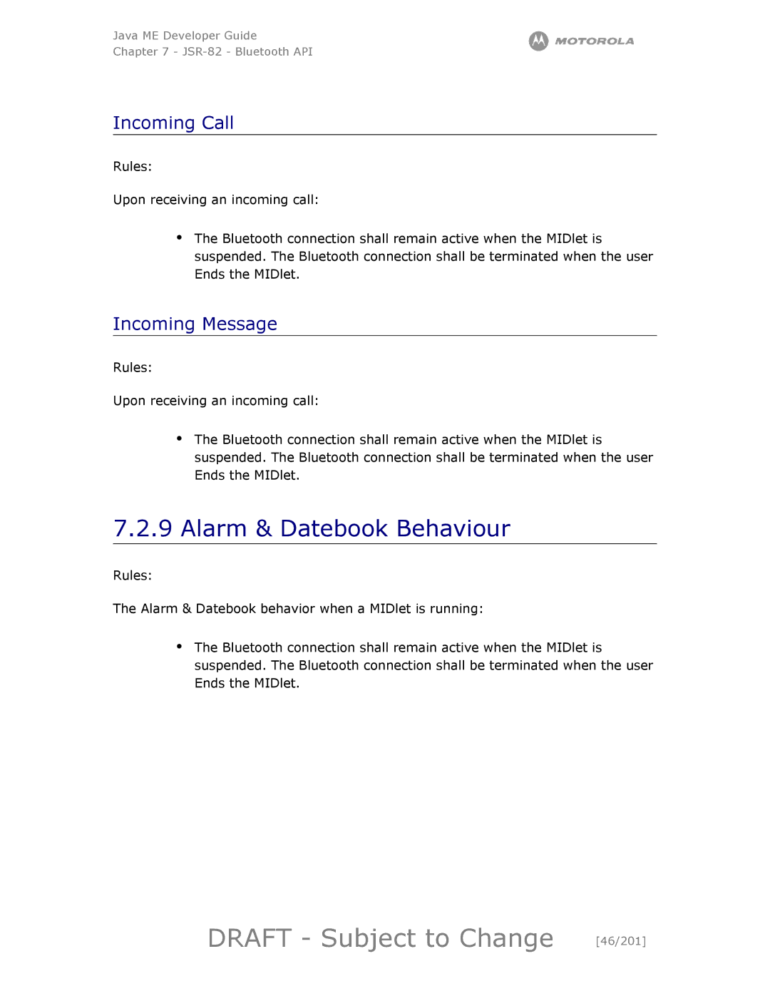 Motorola maxx V6 manual Draft Subject to Change 46/201, Alarm & Datebook Behaviour 