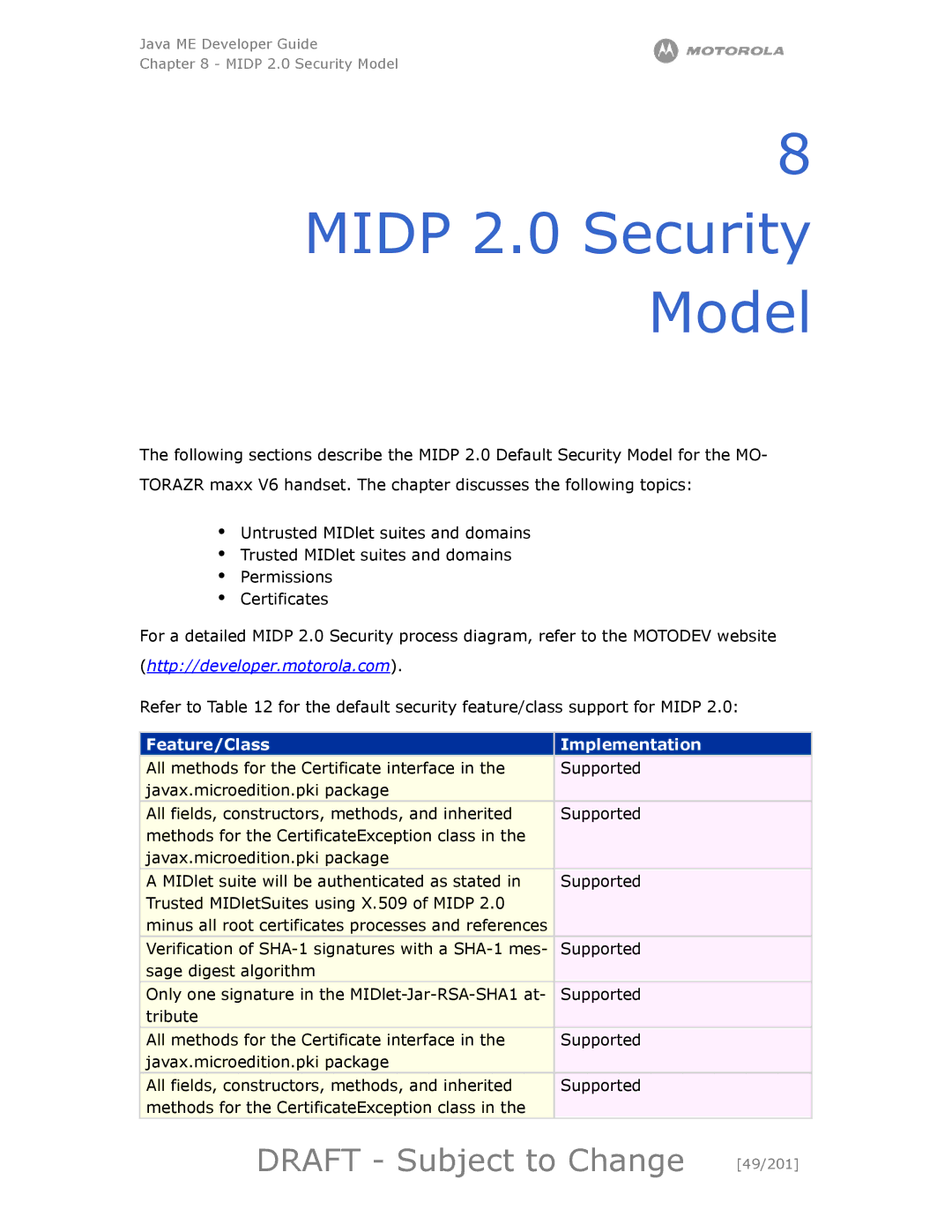 Motorola maxx V6 manual Midp 2.0 Security Model, Draft Subject to Change 49/201, Feature/Class Implementation 