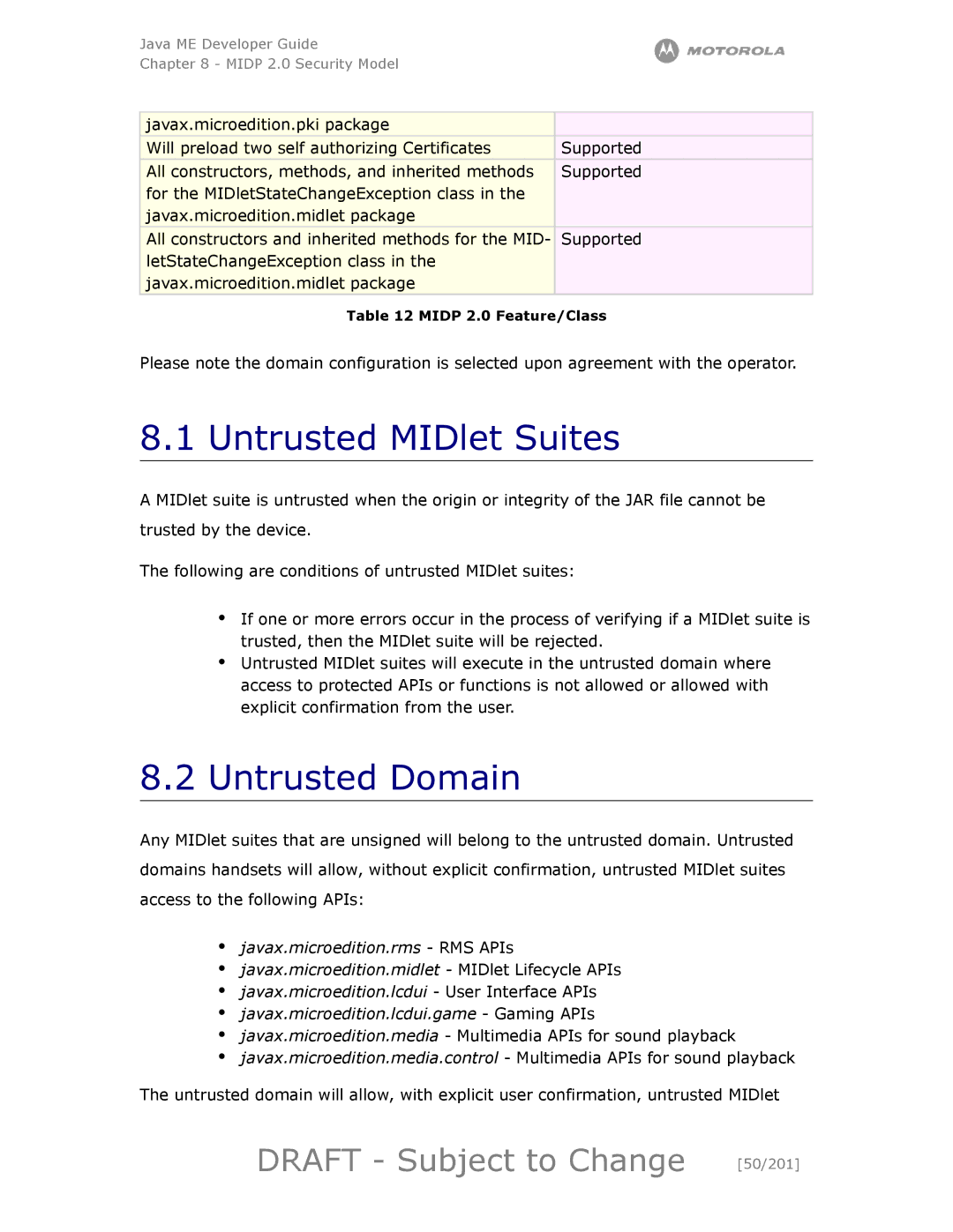 Motorola maxx V6 manual Untrusted MIDlet Suites, Untrusted Domain, Draft Subject to Change 50/201 