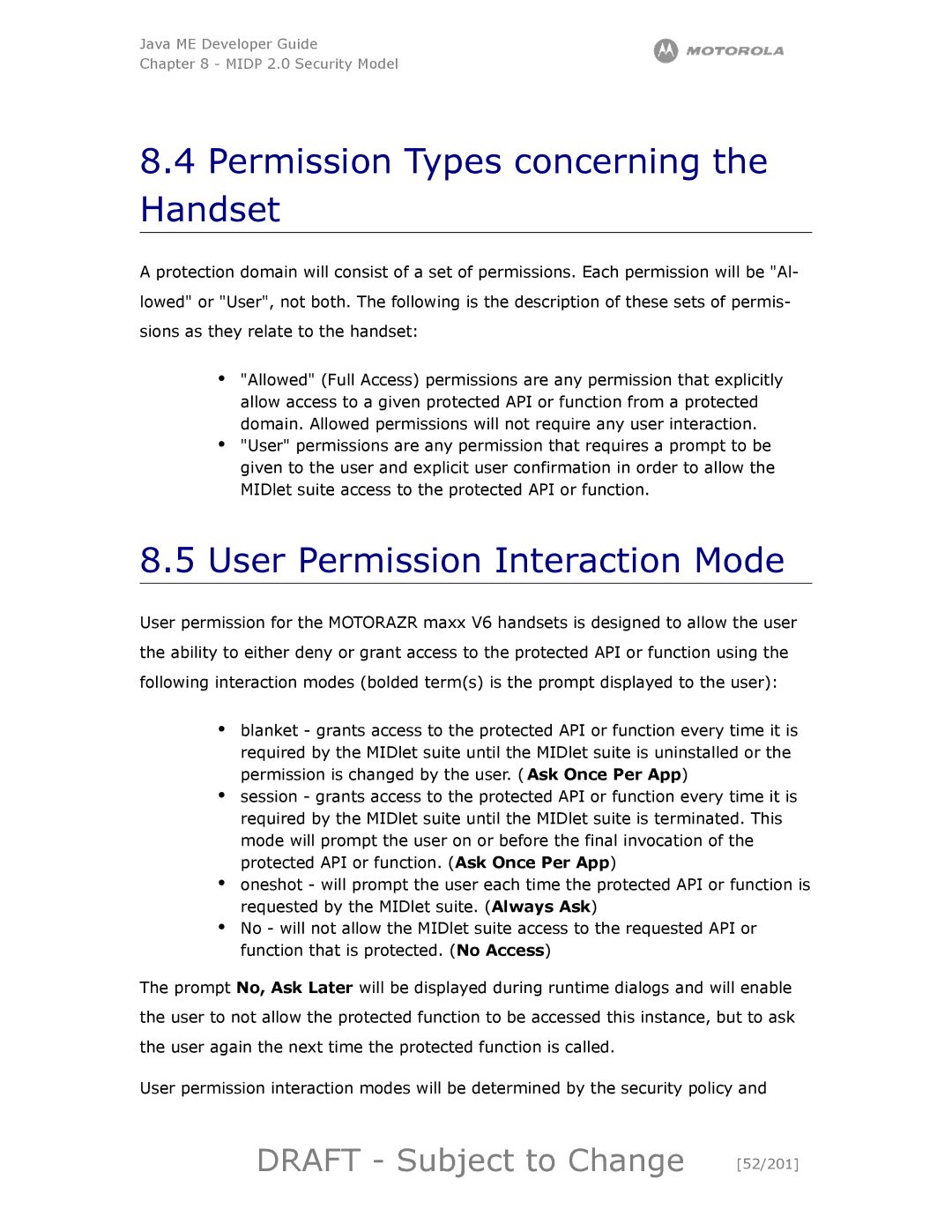 Motorola maxx V6 Permission Types concerning the Handset, User Permission Interaction Mode, Draft Subject to Change 52/201 