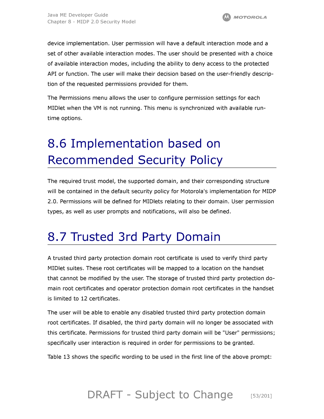 Motorola maxx V6 manual Implementation based on Recommended Security Policy, Trusted 3rd Party Domain 