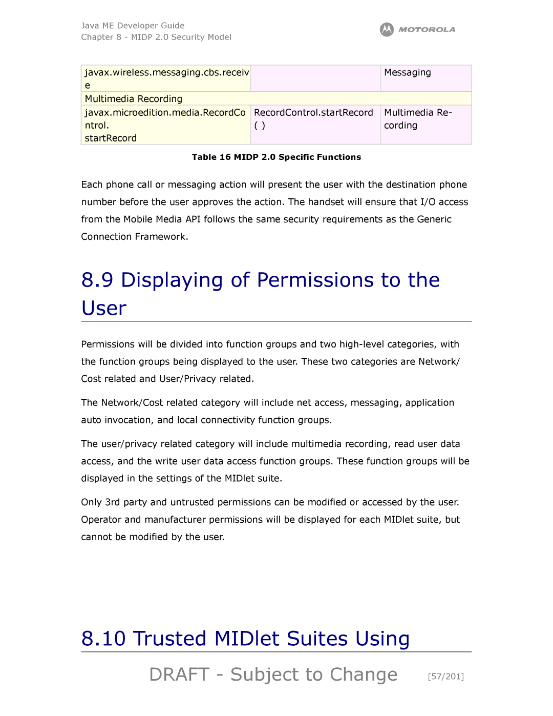 Motorola maxx V6 manual Displaying of Permissions to the User, Trusted MIDlet Suites Using, Draft Subject to Change 57/201 