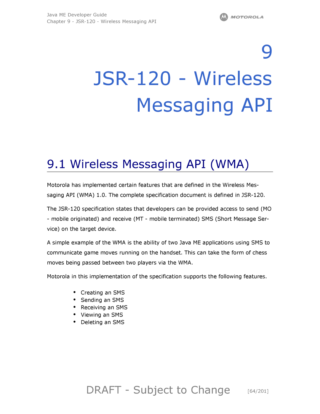 Motorola maxx V6 manual JSR-120 Wireless Messaging API, Wireless Messaging API WMA, Draft Subject to Change 64/201 