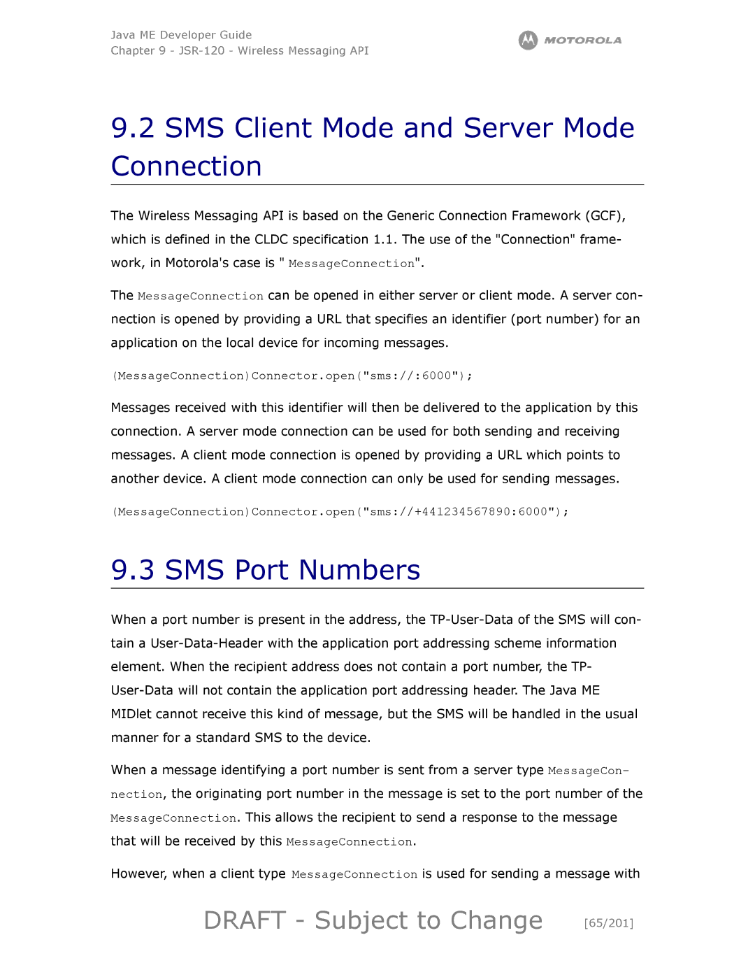 Motorola maxx V6 manual SMS Client Mode and Server Mode Connection, SMS Port Numbers, Draft Subject to Change 65/201 